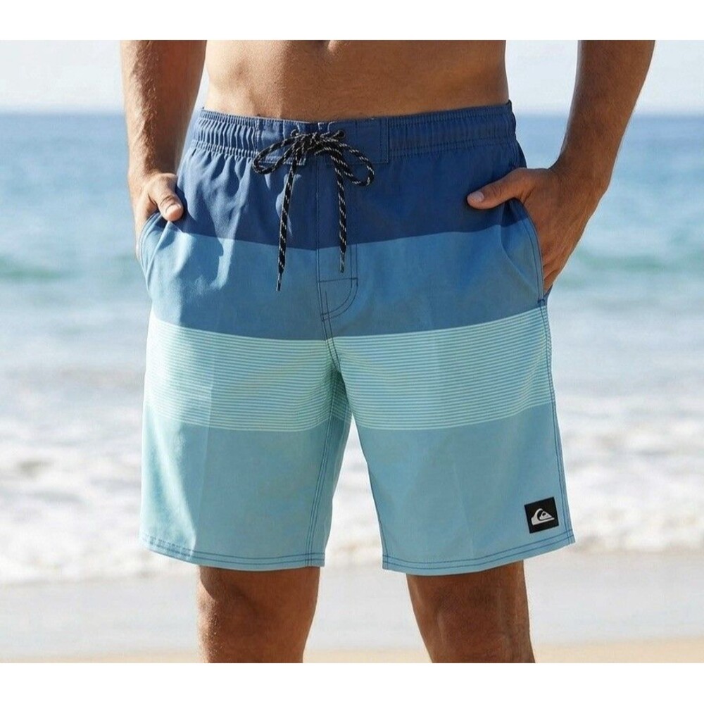 Quiksilver Board Shorts Mens XXL Blue Striped Swim Trunk Cargo Pocket NWT
